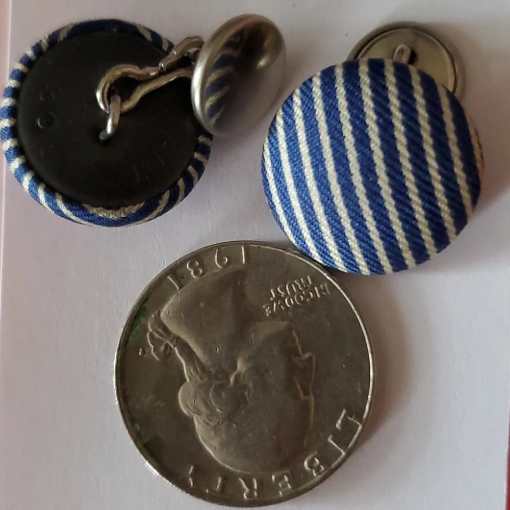 Blue & White Striped Newsboy Cufflinks Round Double Button  Fabric